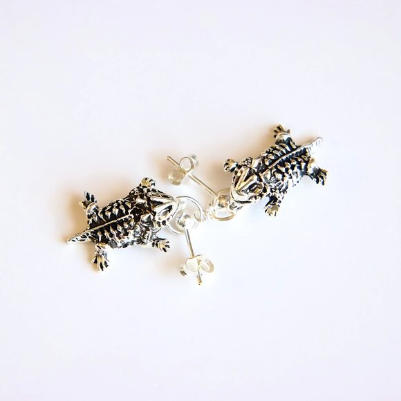 Horny Toad Sterling Silver Post Dangle Earrings Southwest Lizard Jewelry - Picture 3 of 6